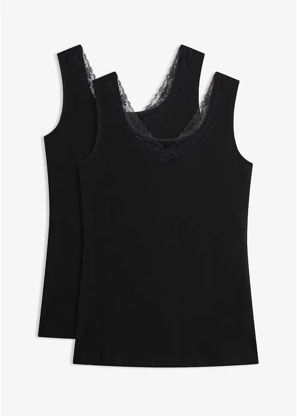 Singlet med &oslash;kologisk bomull og blonder (2-pack), bonprix