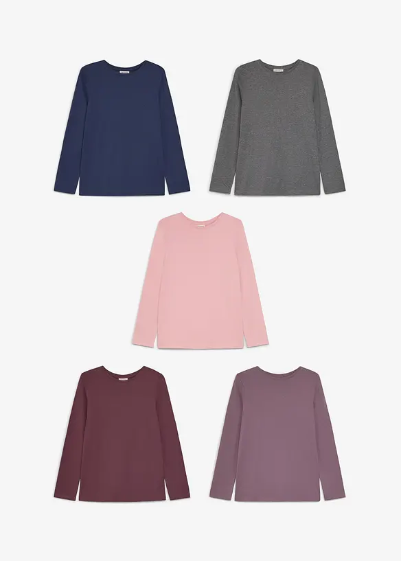 Langermet topp i bomull (5-pack), bonprix
