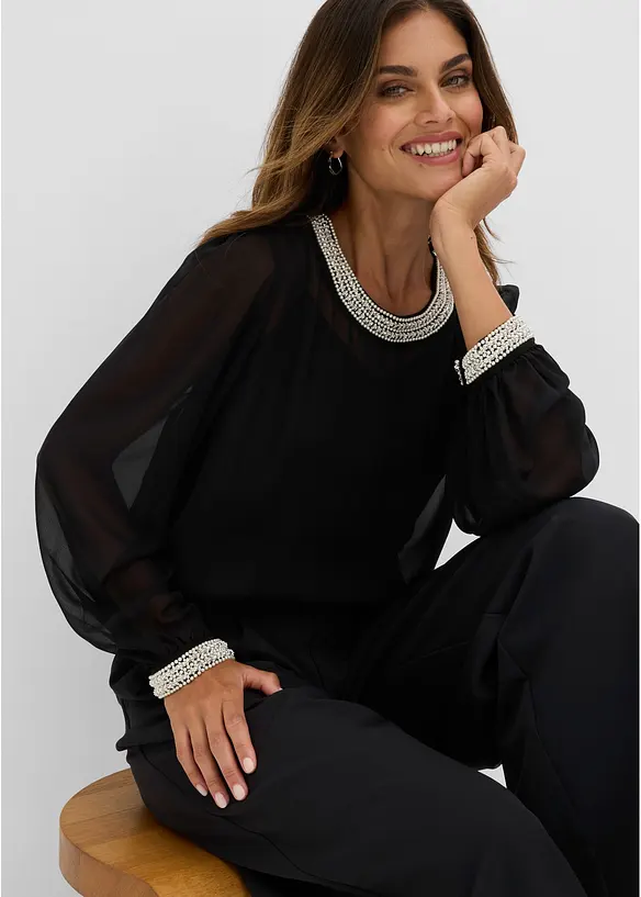 Chiffonbluse med strasspynt, bonprix