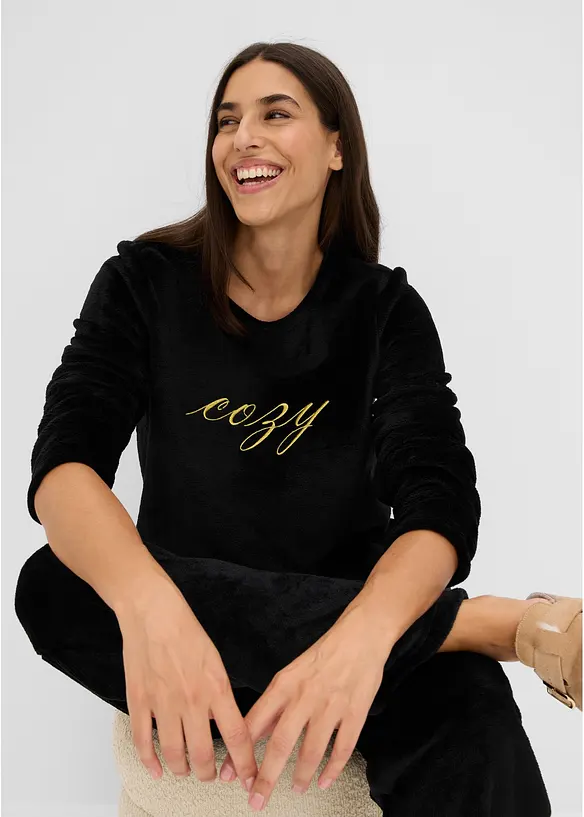 Loungewear kosedress i myk fleece med broderi, bonprix