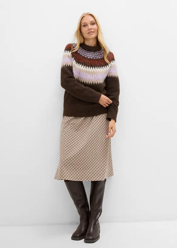 Strikket genser med kofteinspirert m&oslash;nster og rund hals, bonprix
