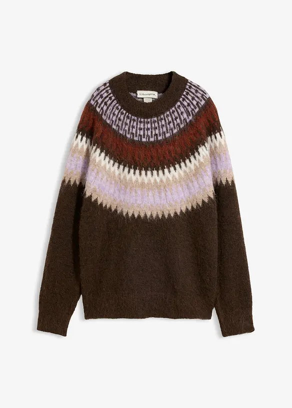 Strikket genser med kofteinspirert m&oslash;nster og rund hals, bonprix