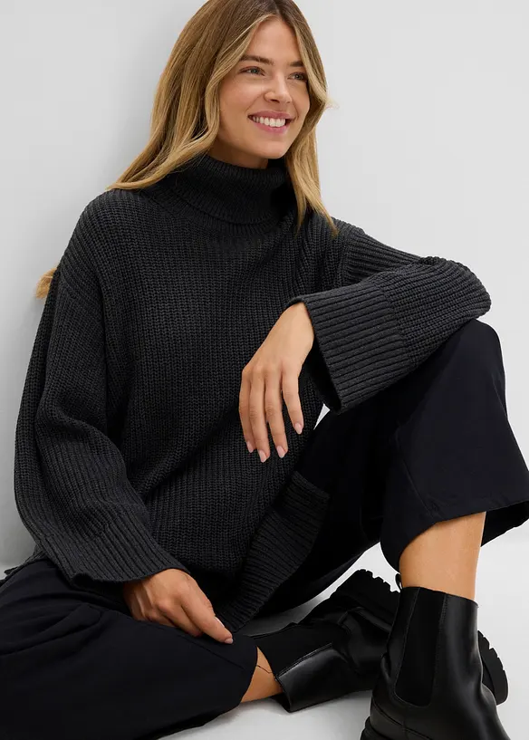 Oversized genser i bomullsmiks med rullekrage, bonprix