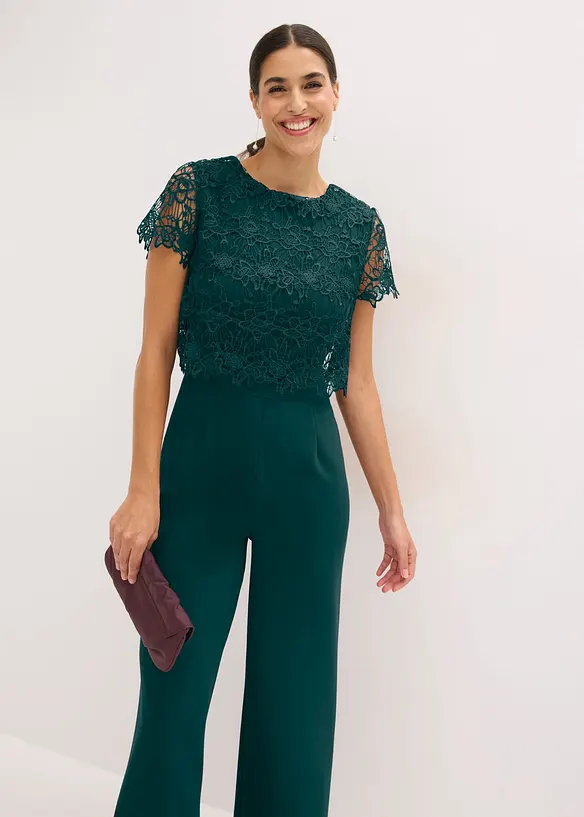 Jumpsuit i myk scuba med blonder, bonprix