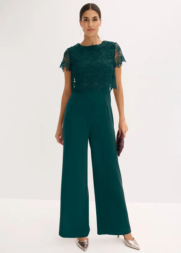 Jumpsuit i myk scuba med blonder, bonprix