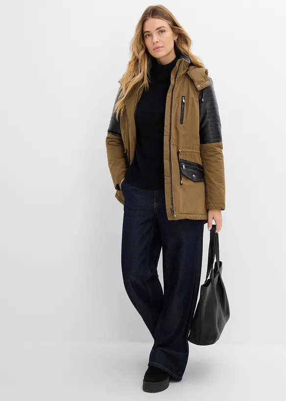 Parkas med innfellinger i imitert skinn, bonprix