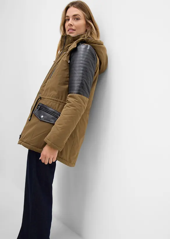Parkas med innfellinger i imitert skinn, bonprix