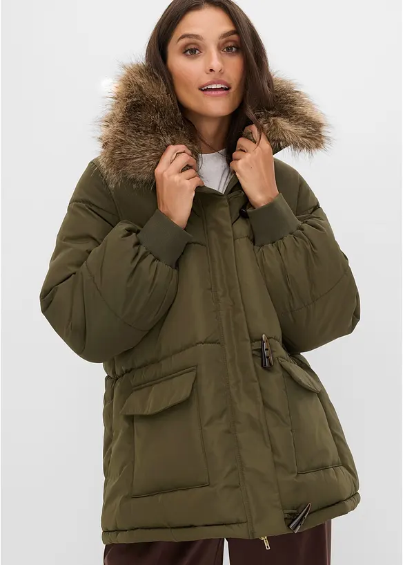 Puffer-jakke med avtagbar fuskepelskrage, bonprix