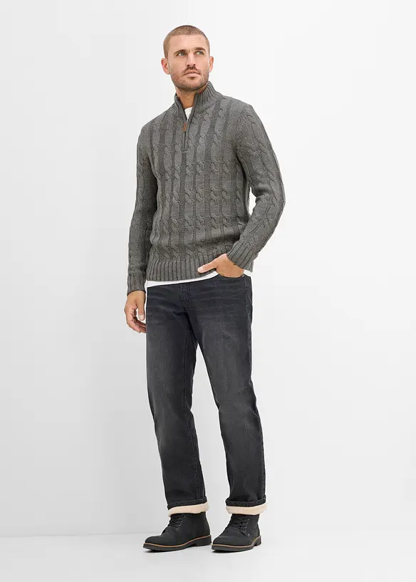 Kabelstrikket half-zip-genser i melert garn, bonprix