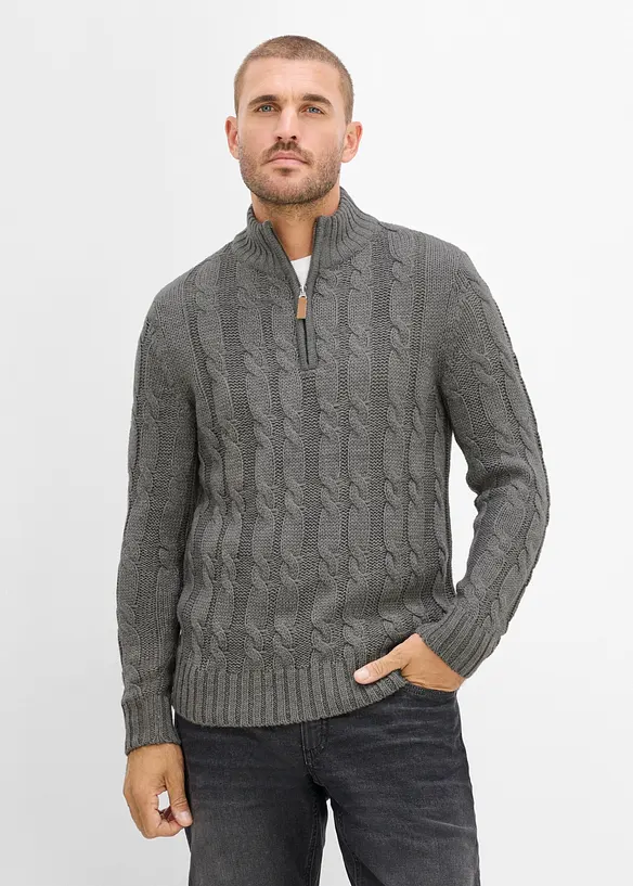 Kabelstrikket half-zip-genser i melert garn, bonprix