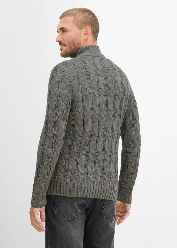 Kabelstrikket half-zip-genser i melert garn, bonprix