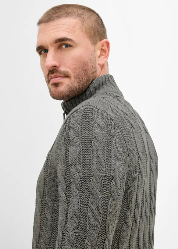 Kabelstrikket half-zip-genser i melert garn, bonprix