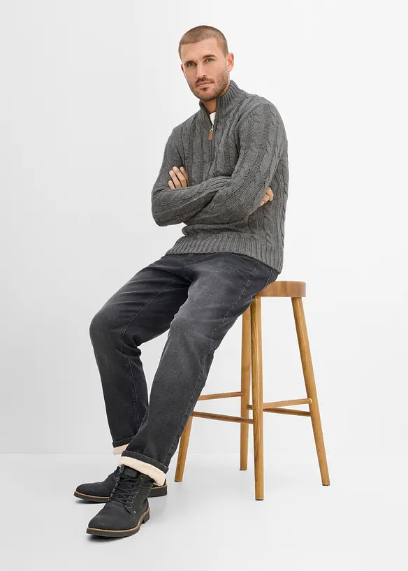 Kabelstrikket half-zip-genser i melert garn, bonprix