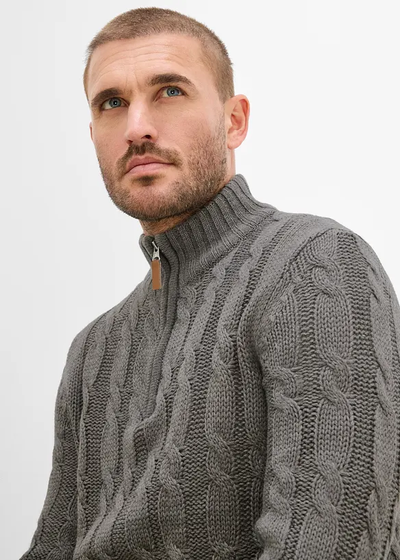 Kabelstrikket half-zip-genser i melert garn, bonprix