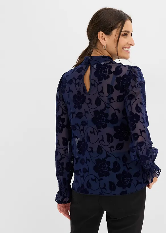 Langermet topp i transparent materiale med flocktrykk, bonprix