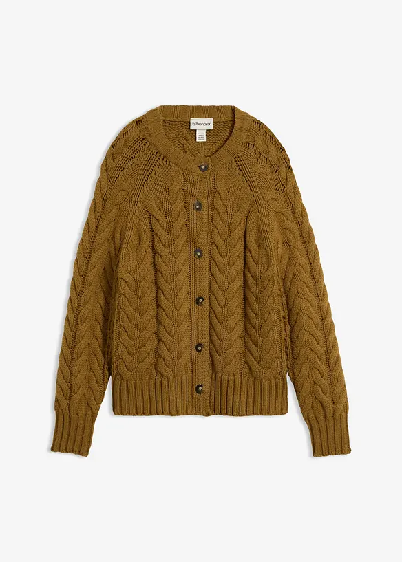 Kabelstrikket cardigan med fin merinoull, bonprix