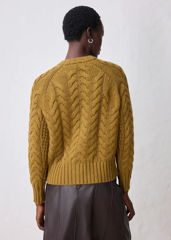 Kabelstrikket cardigan med fin merinoull, bonprix