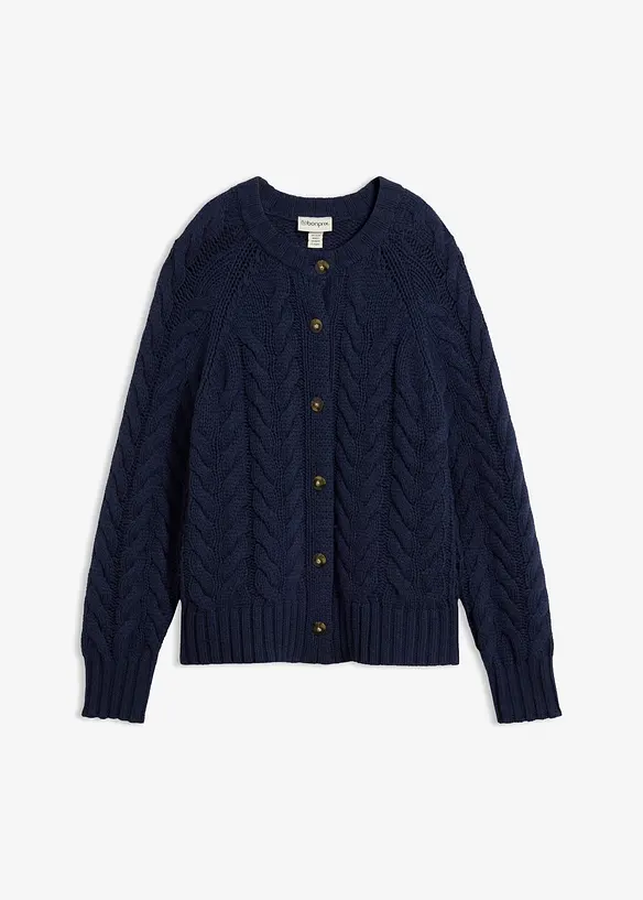 Kabelstrikket cardigan med fin merinoull, bonprix