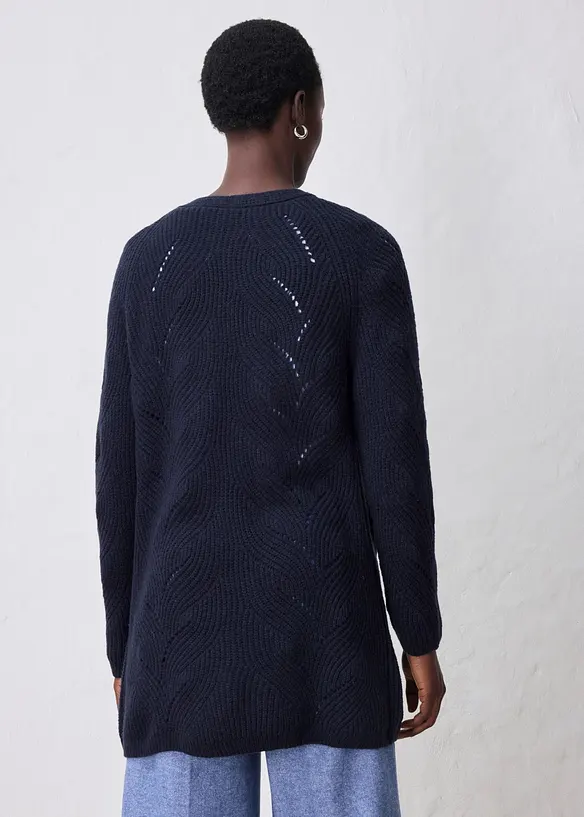 Lang cardigan i merinoullmiks med hullm&oslash;nster, bonprix