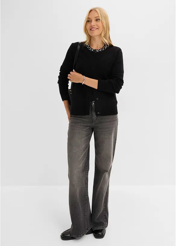 Finstrikket cardigan med perlepynt langs utringningen, bonprix