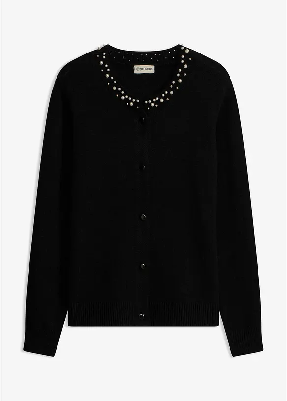 Finstrikket cardigan med perlepynt langs utringningen, bonprix