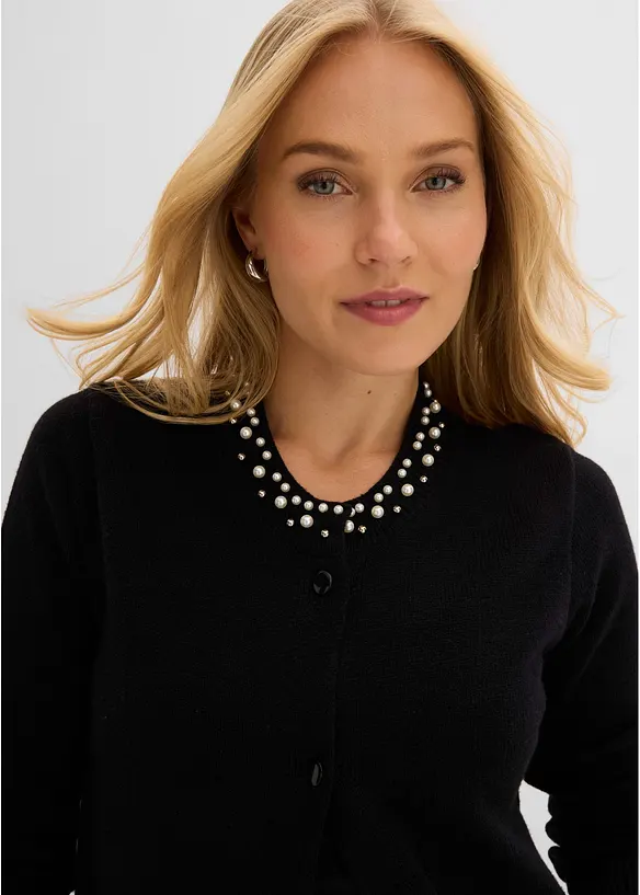 Finstrikket cardigan med perlepynt langs utringningen, bonprix