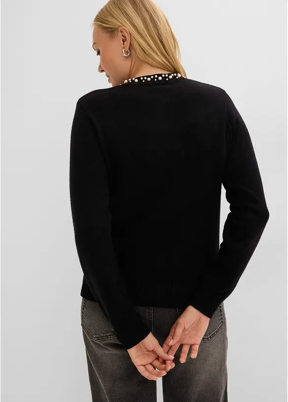 Finstrikket cardigan med perlepynt langs utringningen, bonprix