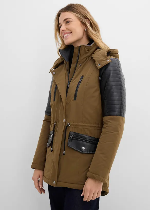 Parkas med innfellinger i imitert skinn, bonprix