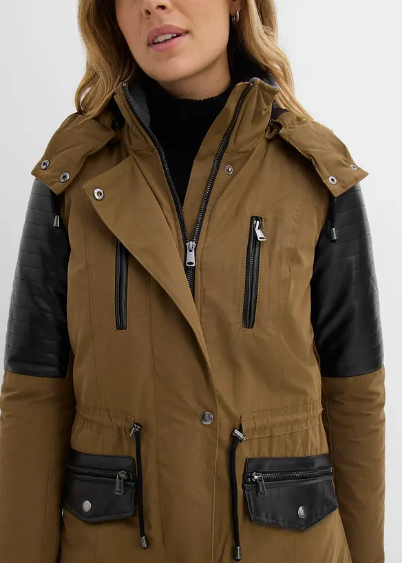 Parkas med innfellinger i imitert skinn, bonprix