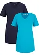 Lang basic T-shirt med V-hals og kort arm 2-pack, bonprix